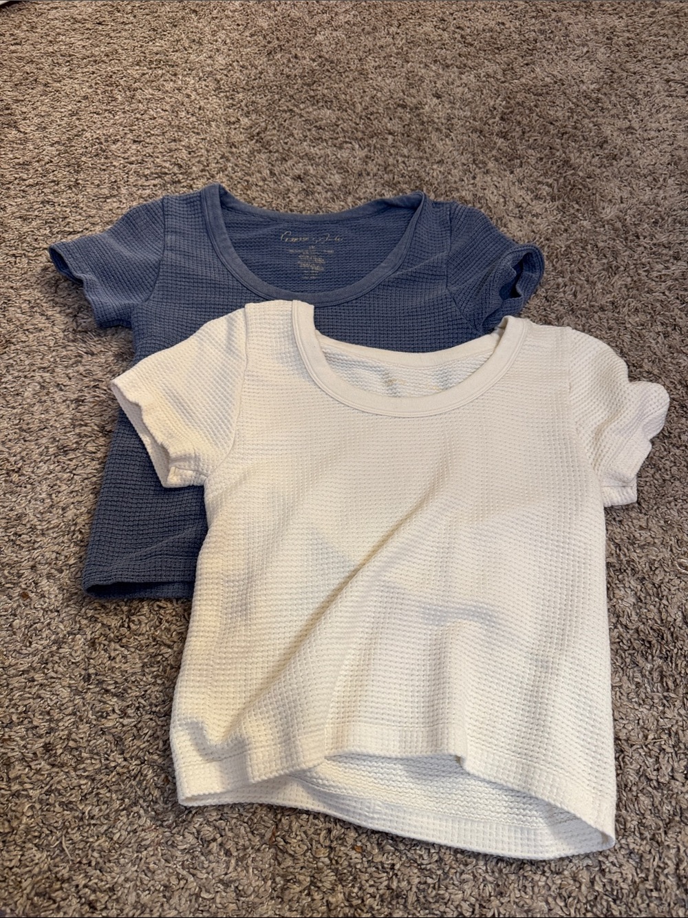 2-Pack Women’s cropped Waffle Knit Short Sleeve Tops - Blue & Cream